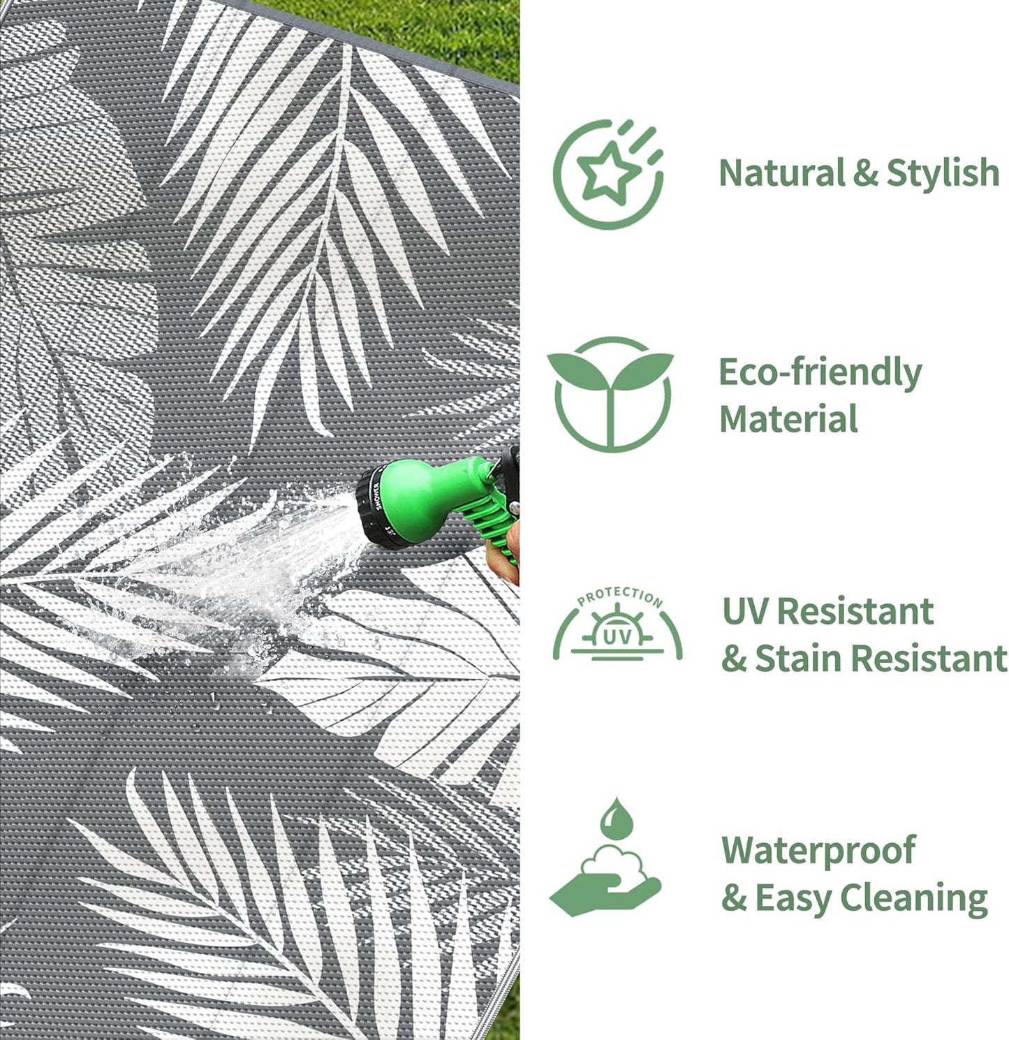 GENIMO Outdoor Rug 9' x 12' Waterproof for Patios Clearance, Reversible Plastic Straw Camping Carpet, Large Area Rugs Mats RV, Picnic, Backyard, Deck, Balcony, Porch, Beach, Grey&White