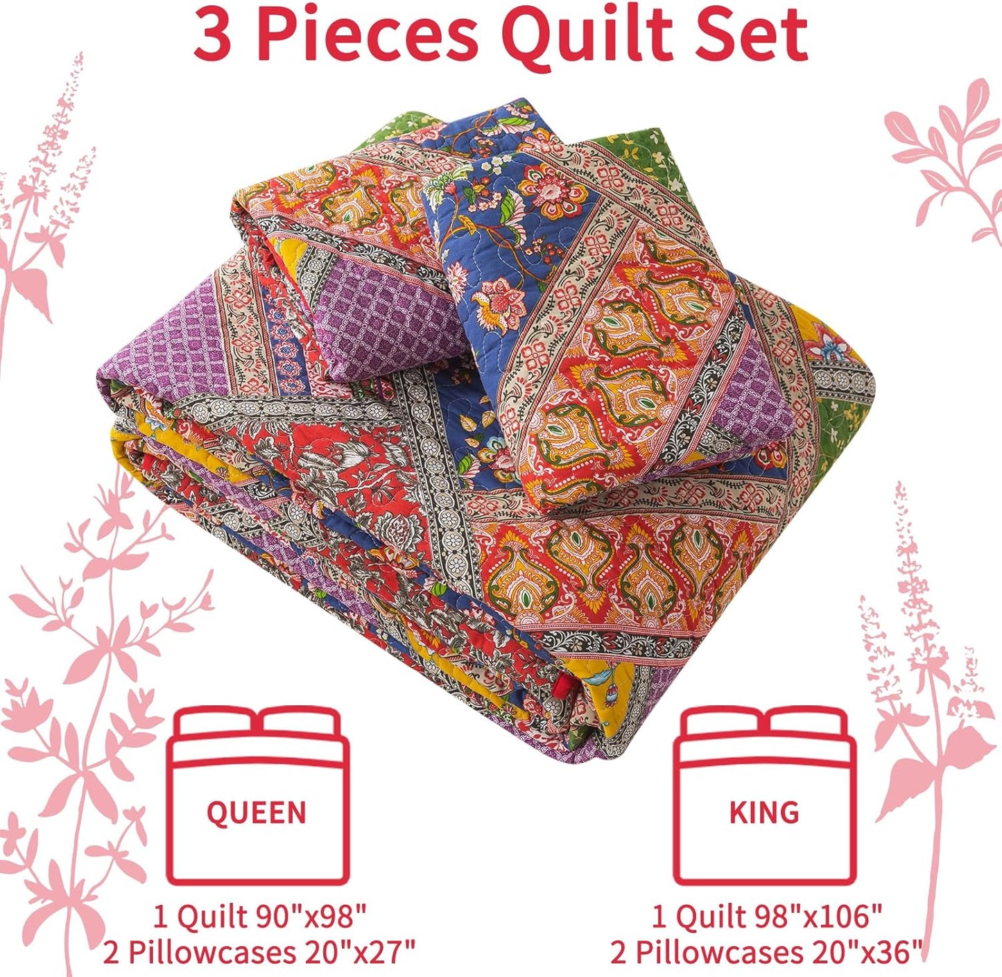 VAPUTAR Cotton Quilt King Size Set, Quilted Bedspread Coverlet (96 * 108 Inch) with 2 Pillowcovers, 3 Pieces Lightweight Farmhouse Style with Patchwork Design King Quilt Bedding Set for All Season.