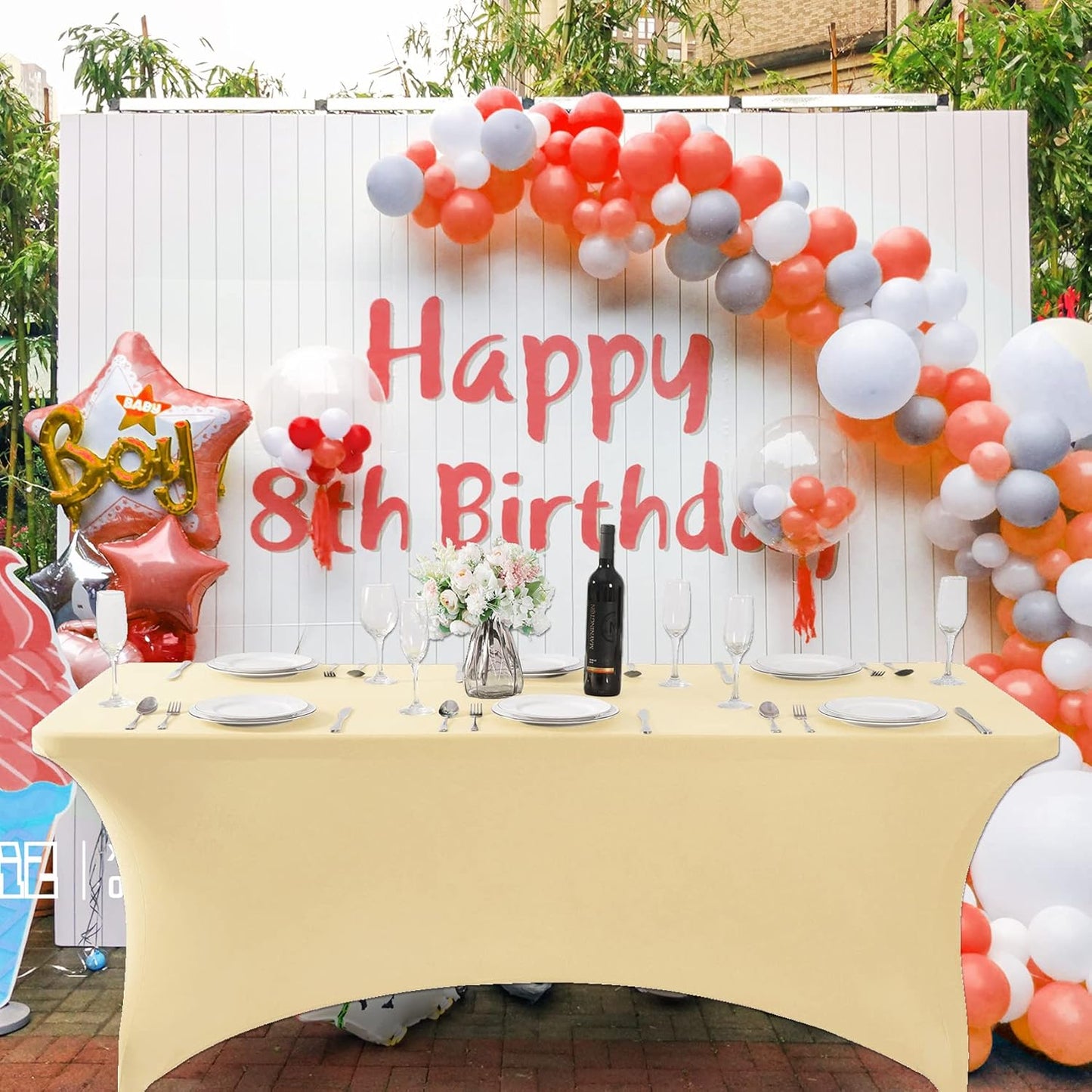 SuperO Waterproof Spandex Table Cover for 6FT Table Universal Fitted Stretch Tablecloth for Party, Banquet, Wedding and Events-Champagne