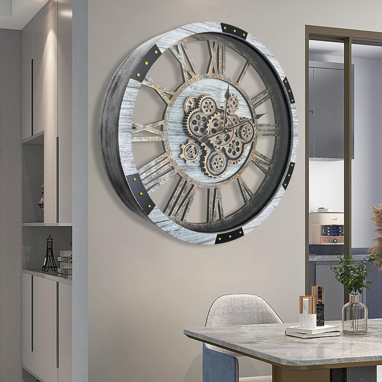DORBOKER 30" Original Moving Gears Wall Clock, Large Industrial Wall Clock for Living Room Decor, Solid Wood Vintage Farmhouse Steampunk Rustic Clocks for Wall Decor,Silver Grey
