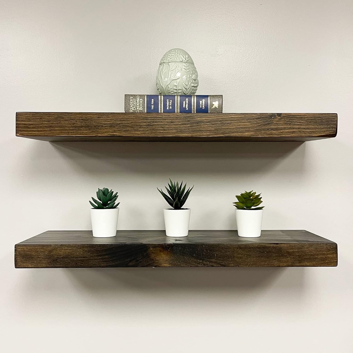 URBANDI, Rustic Floating Shelves, Set of 2, Hidden Bracket, Solid Wood, Heavy Duty, Wall Mounted Shelves, (Dark Brown, 24Wx6D)
