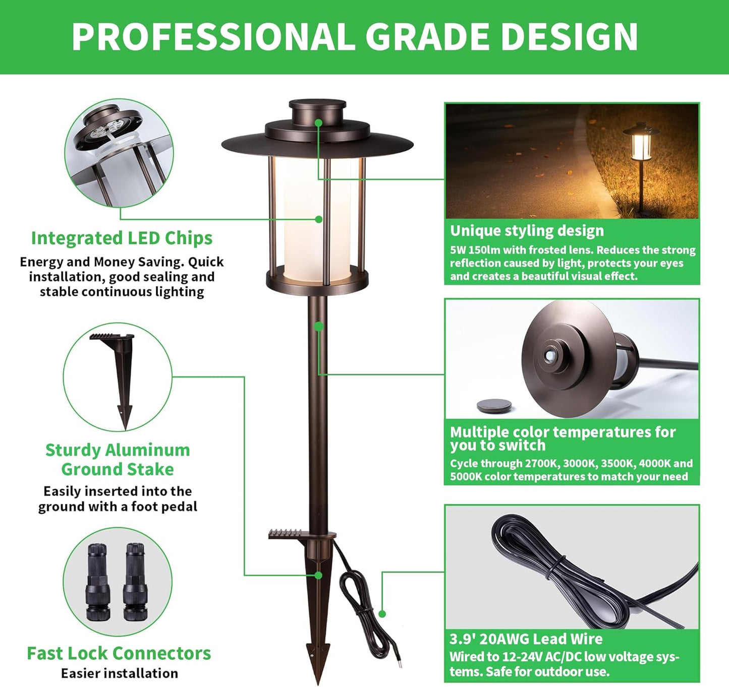 Low Voltage Landscape Path Light, Warm & Cool White Selectable Pathway Lights Wired, 12v Walkway Lamp IP65 Waterproof, LED Oil-Rubbed-Bronze Aluminum 150LM for Outside Patio Yard (4 Pack)
