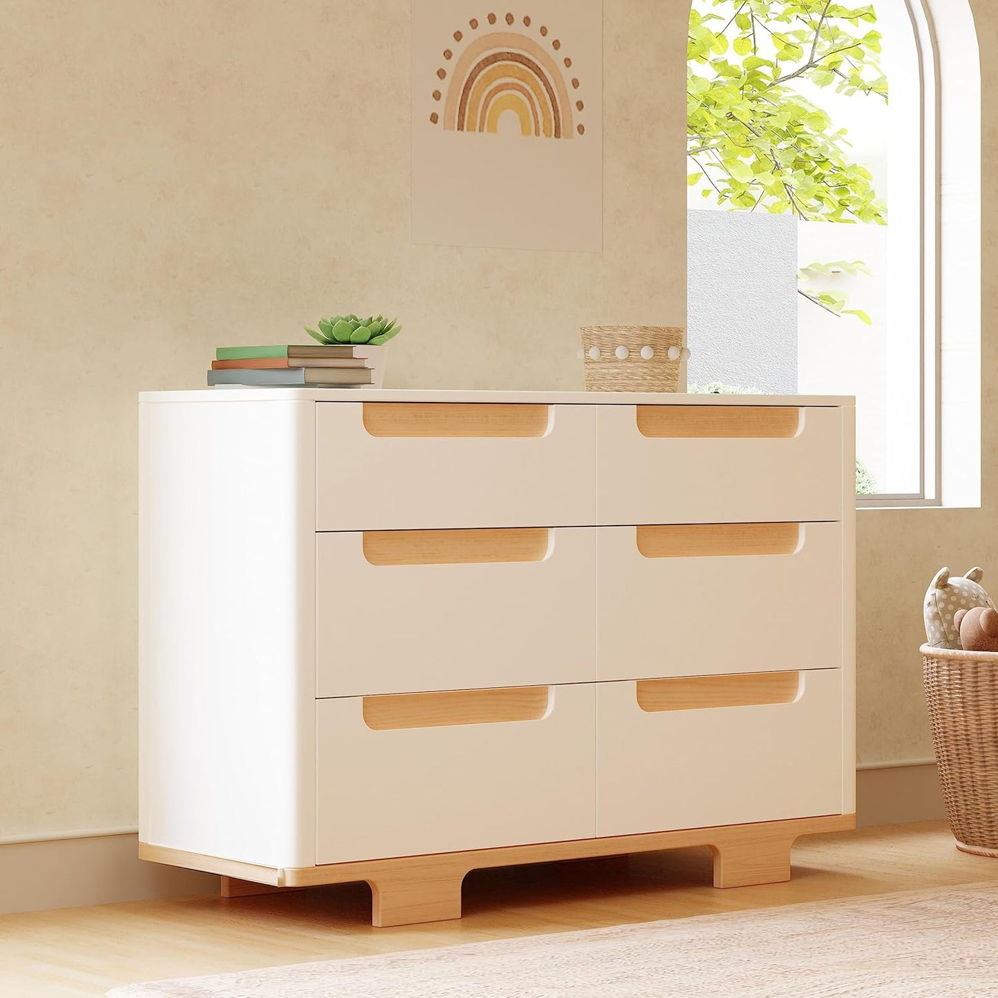 babyletto Yuzu 6-Drawer Dresser in White and Natural, Greenguard Gold Certified
