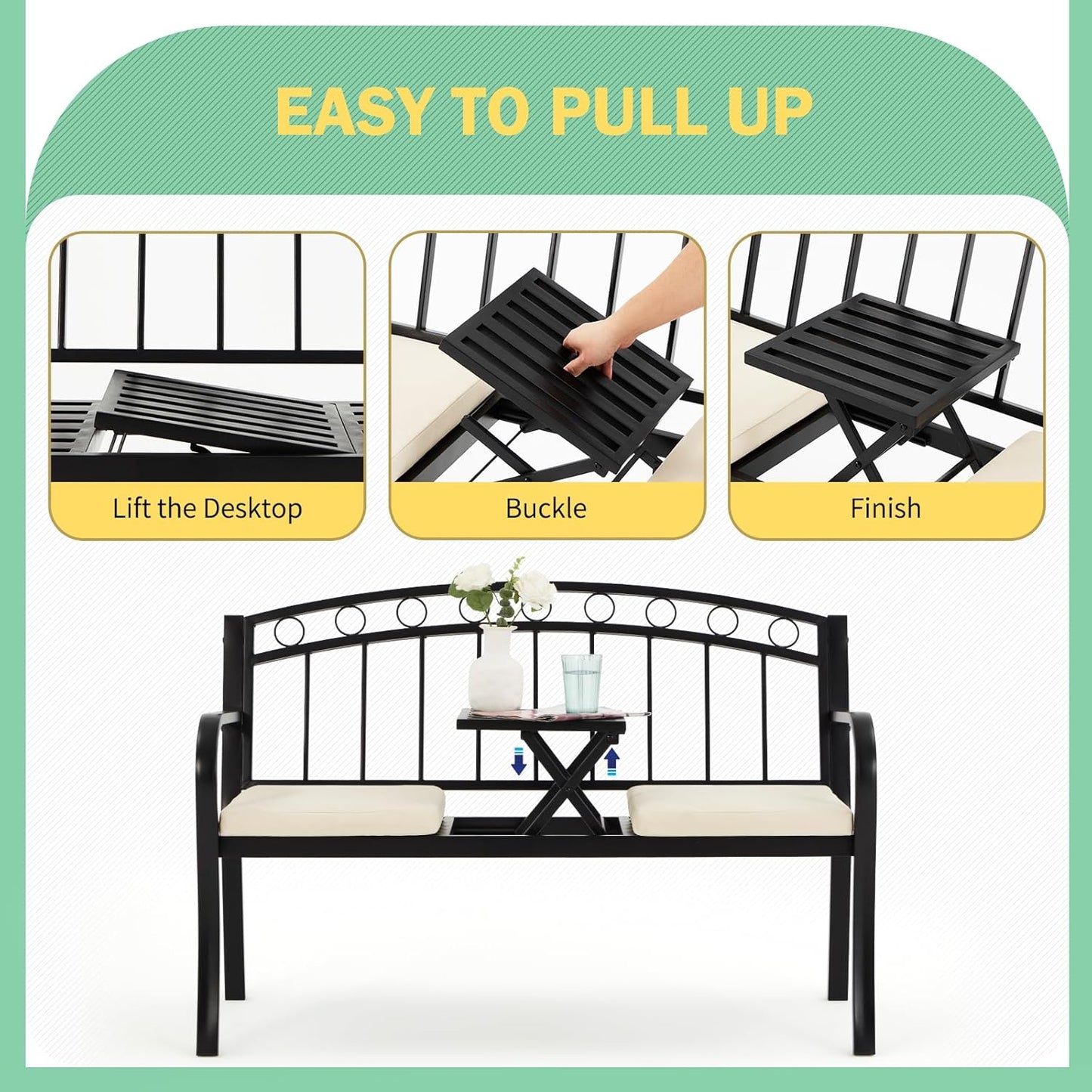 AVAWING Outdoor Metal Garden Bench, 2-Seat Patio Porch Bench with Steel Frame, Park Bench w/Pullout Middle Table& Cushion for Backyard Lawn Deck Entryway, Black