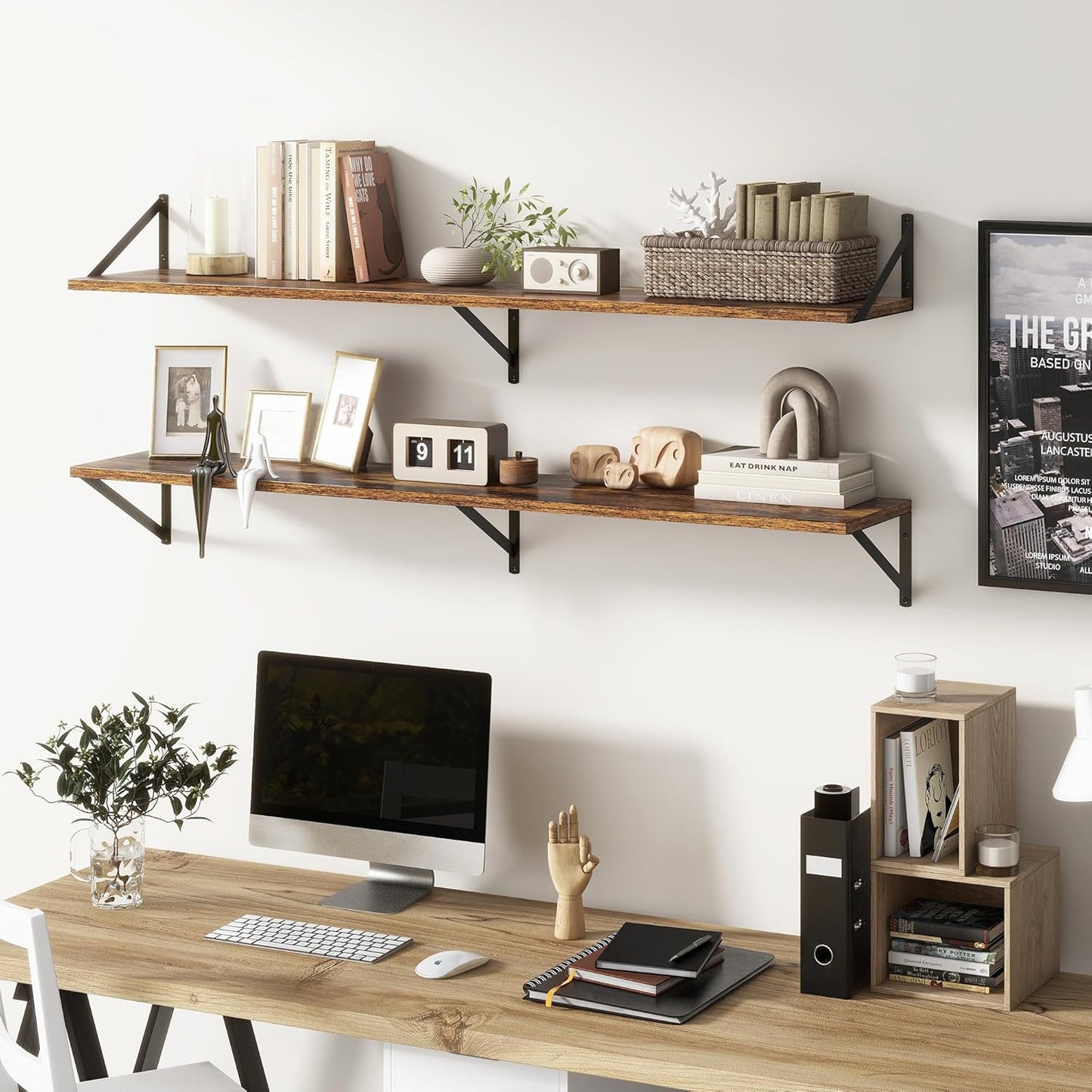 Floating Shelves 55 Inch Long, 10" Deep Floating Shelves, Wall Shelves 55 x 10, Set of 2, Wide Large Display Storage Shelves for Bathroom, Living Room, Rustic Wood Shelves with Brackets, Rustic Brown