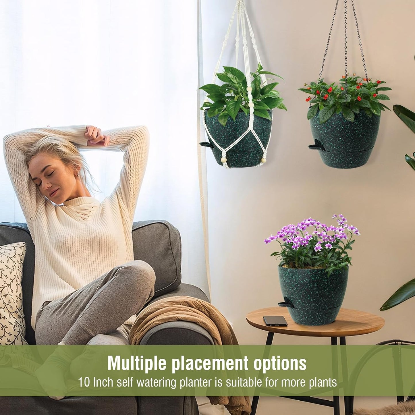 10 inch Self Watering Hanging Planters, 2 Pack Hanging Flower Pots for Indoor Outdoor Plants, Hanging Baskets with Drainage Holes & 2 Kinds of Plant Hangers for Home Decor, Speckled Black