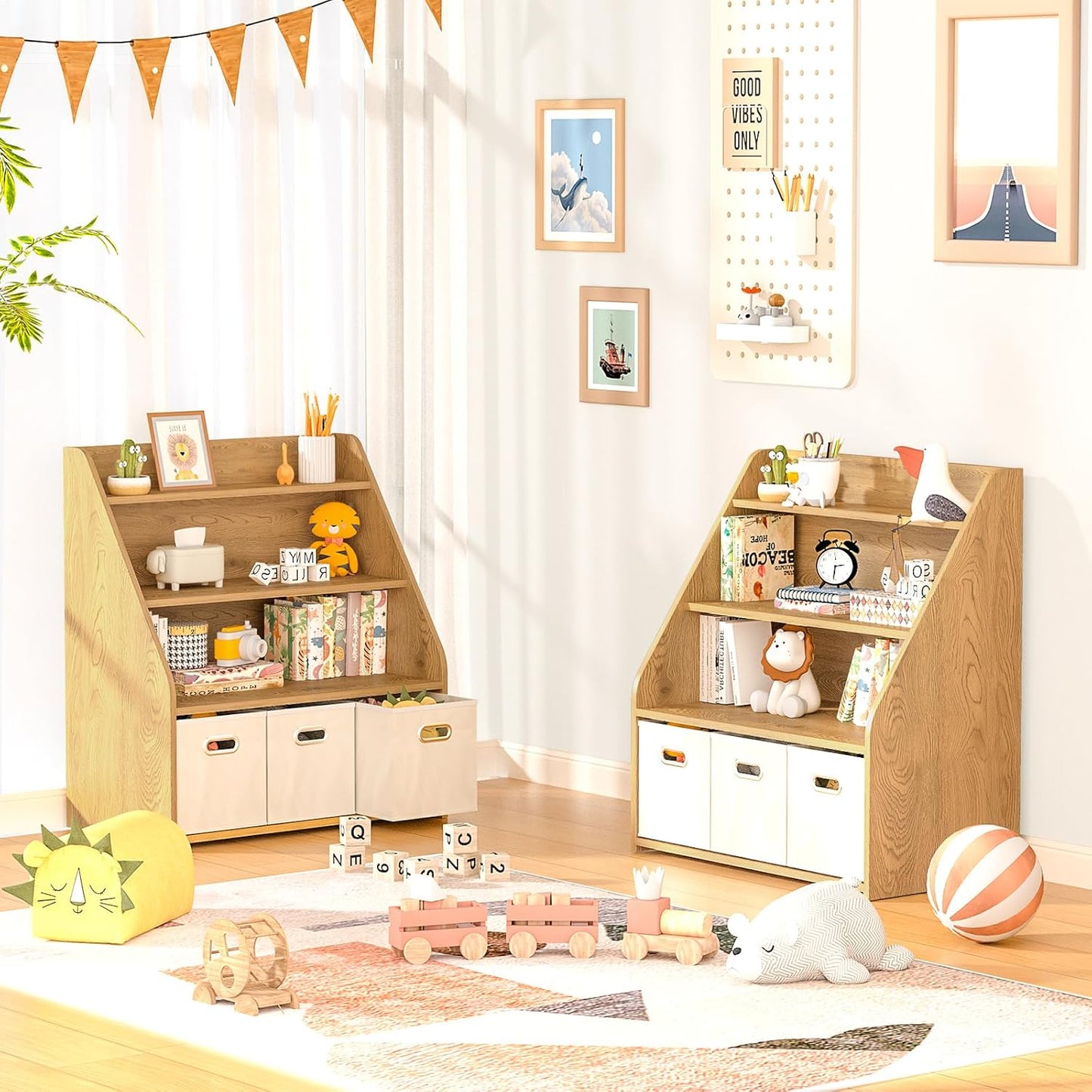Kids Bookshelf and Toy Organizer, Wooden Kids Bookcase, Toddler Montessori Bookshelf with 3 Movable Drawers, Toy Storage Organizer for Kids Room, Living Room, Nursery