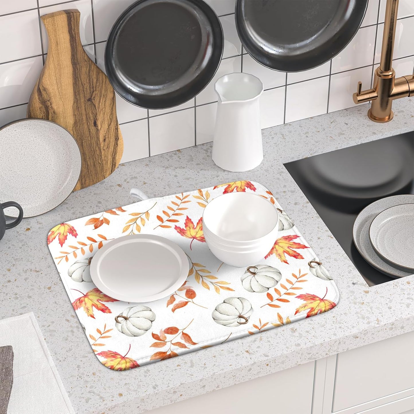 Fall Dish Drying Mat for Kitchen Counter Autumn White Pumpkins Maple Leaves Seasonal Super Absorbent Reversible Microfiber Kitchen Countertop Protector Dishes Pad Small 16x18 inch