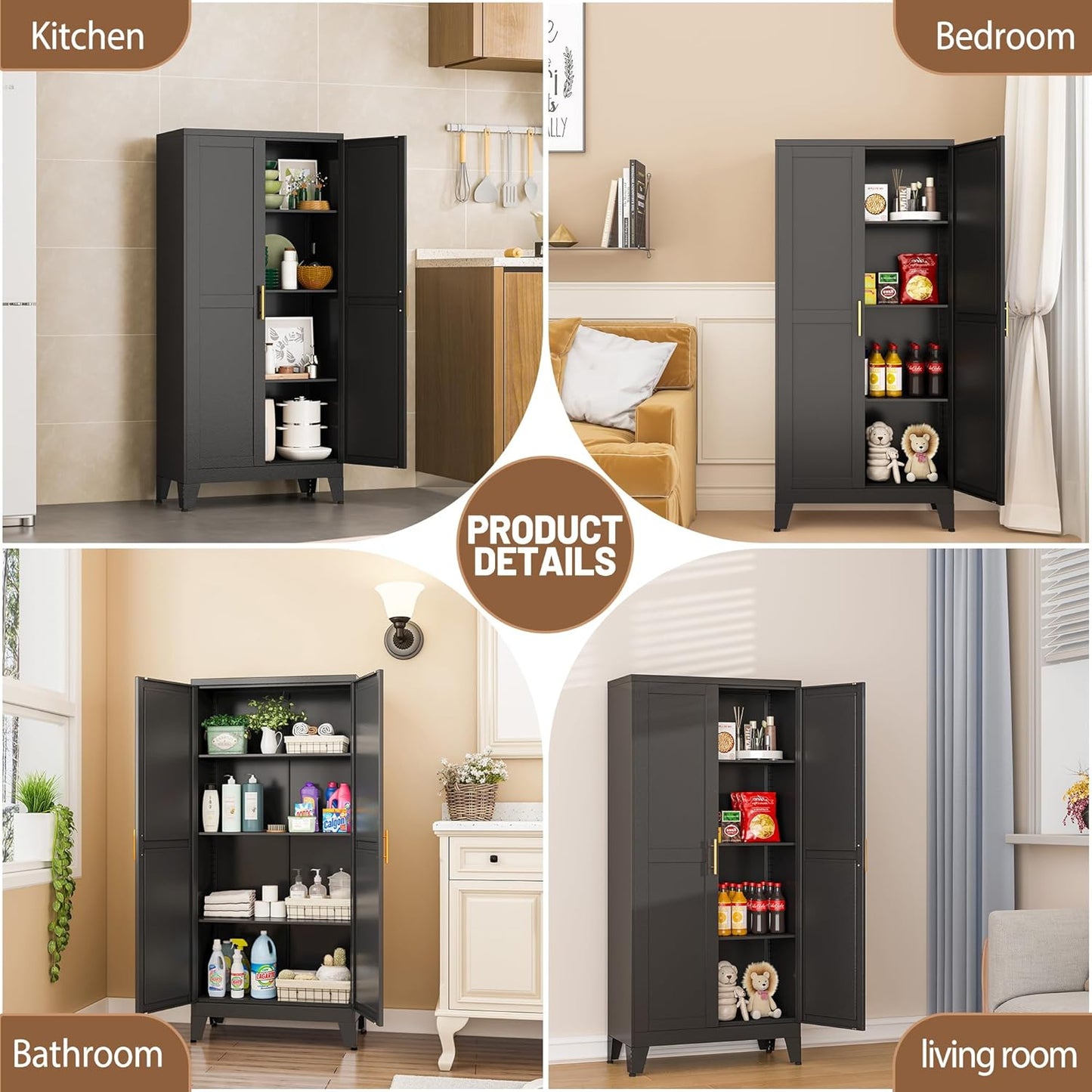 Metal Kitchen Pantry Storage Cabinet with 2 Doors and 3 Adjustable Shelves,Pantry Cabinet with Adjustable Leveling Foot for Kitchen, Living Room, Dining Room(Black)