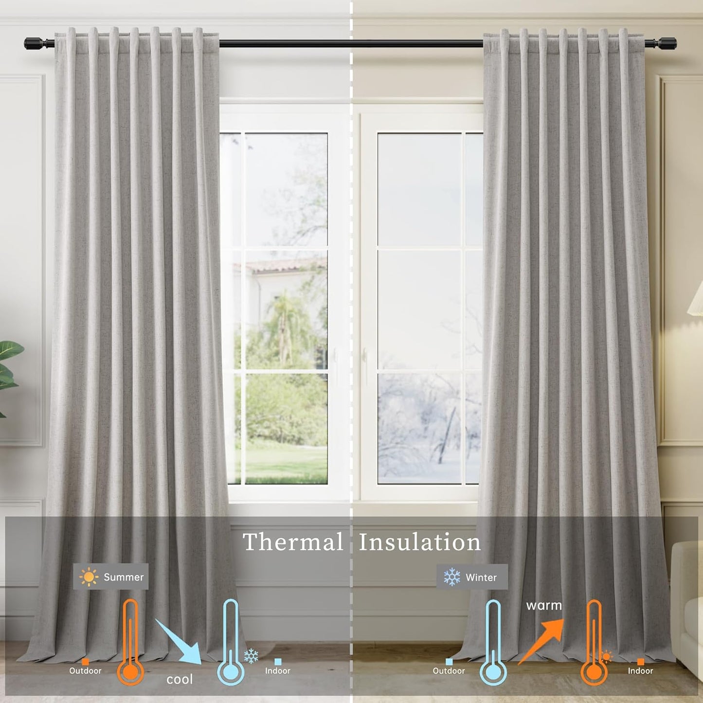 BOODII 63 Inch Blackout Curtains Linen Black Out Curtains for Bedroom 2 Panels Set Neutral Room Darkening Curtain Silver Gray Thermal Insulated Curtain for Nursery Window Drapes Back Tab 52x63