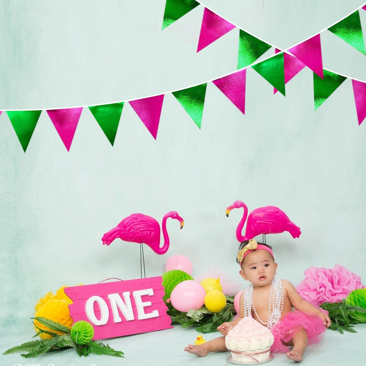 Pink and Green Party Decorations Metallic Hot Pink Light Green Fabric Triangle Pennant Banner Flag Bunting Garland for Witches Theme Birthday Wedding Baby Shower Engagement Bachelorette Party Supplies