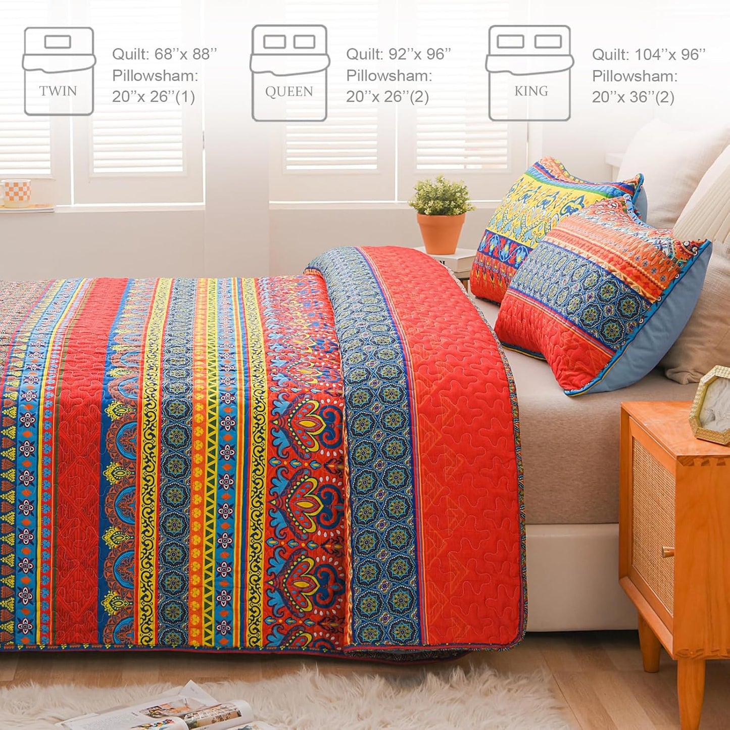 Exclusivo Mezcla Reversible Boho Quilt Set Twin Size, 2 Pieces Bohemian Blue All Season Bedspreads, Ultra Soft Floral Coverlet Bedding Set with Printed Pattern (1 Quilt, 1 Pillow Sham)