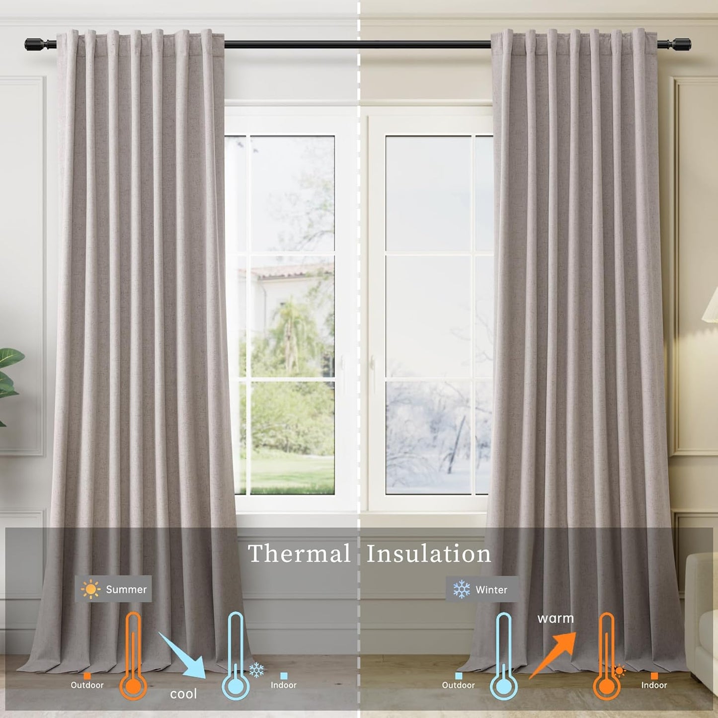 Brownish Grey Linen Blackout Curtains for Bedroom 84 Inch Length 2 Panels Set Room Darkening Curtains Black Out Curtain Neutral Thermal Insulated Living Room Winter Window Drapes Back Tab 52x84