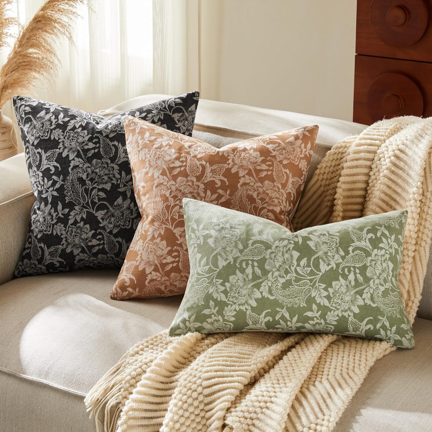 Floral Jacquard Throw Pillow Covers Set of 2, Background/Charcoal 22x22 Inch, Farmhouse Decorative Cotton Dark Grey Cushion Covers for Sofa Bed Living Room Home Decor