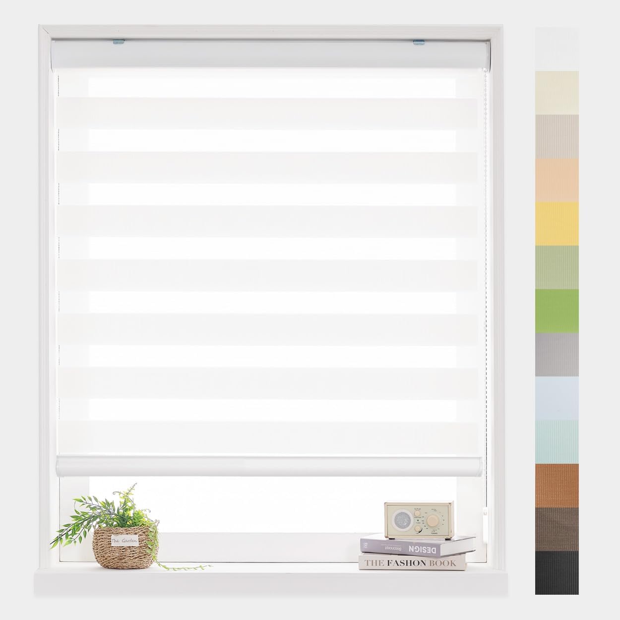 Foiresoft Standard Zebra Roller Blinds for Windows [W38 x H64 Inch, White, Basic], Light Filtering Dual Layer Shades for Bedroom, Living Room, Office, 13 Colors
