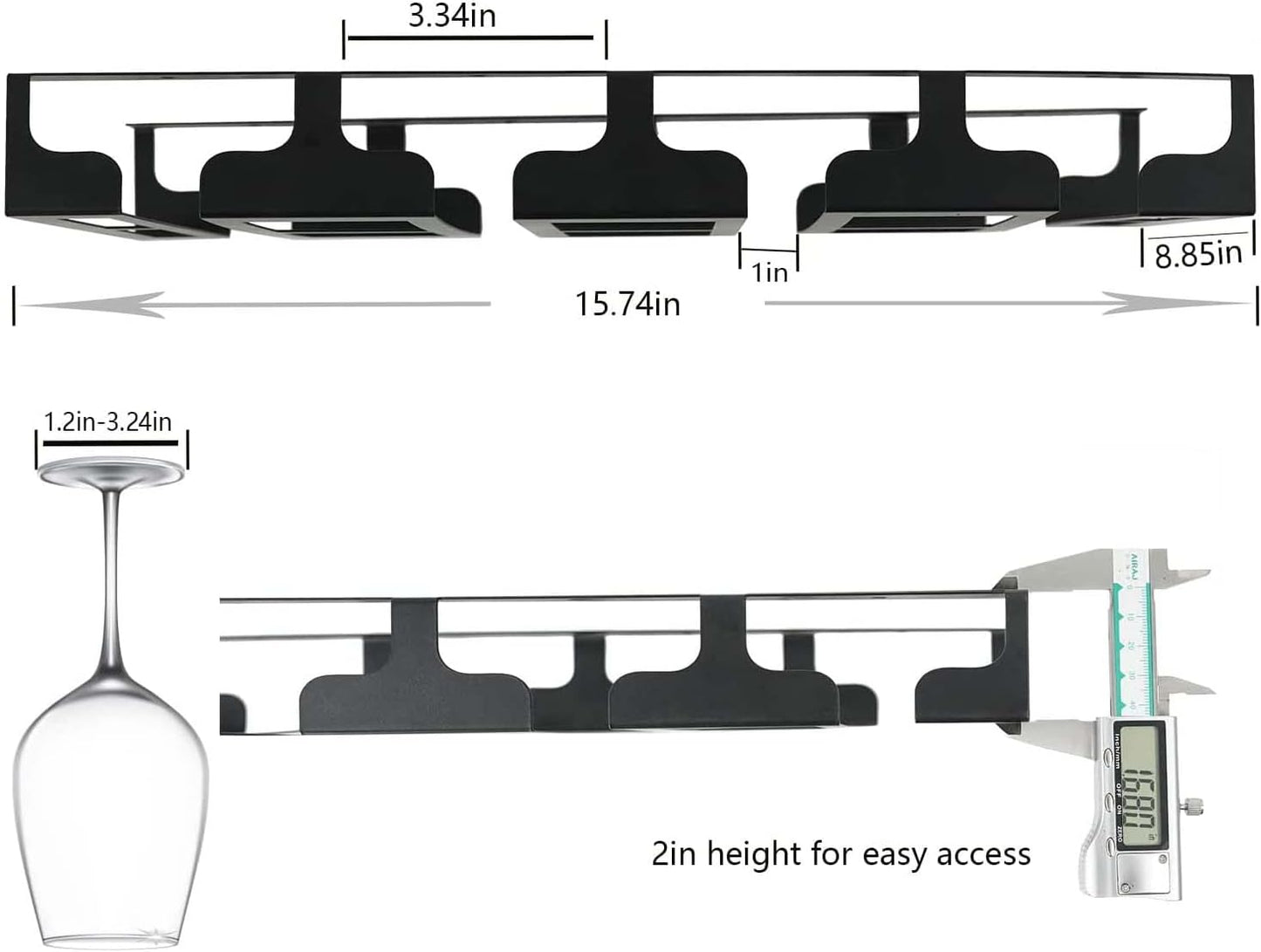 Wine Glass Rack - Under Cabinet Stemware Wine Glass Holder Glasses Storage Hanger Metal Hanging Organizer for Bar Kitchen 4 Rows Black