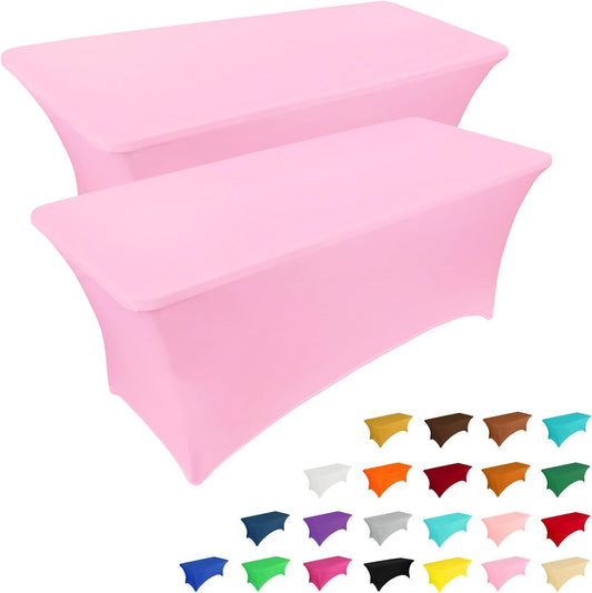 IVAPUPU 2 Pack 8FT Table Cloth for Rectangular Fitted Events Stretch Pink Table Covers Washable Cover Spandex Tablecloth Protector for Party, Wedding, Cocktail, Banquet, Festival