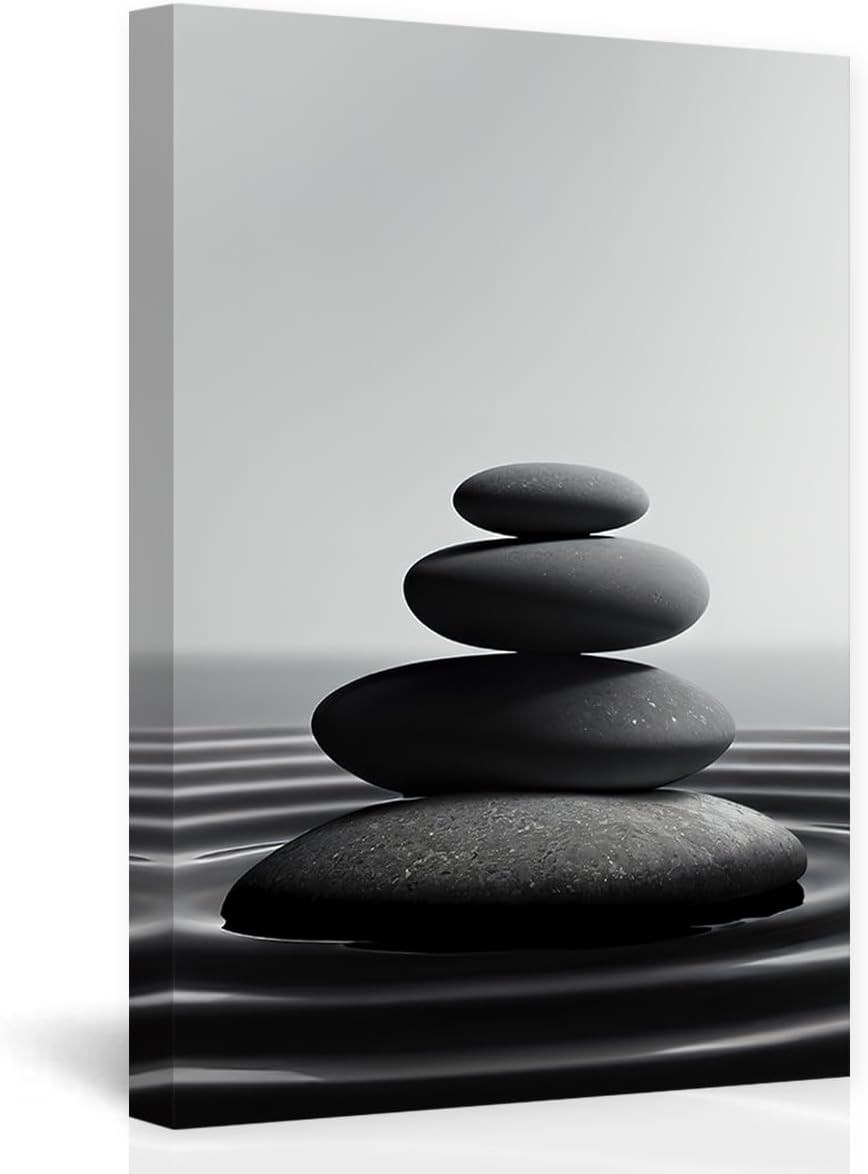 DOARTDO Zen Stone Canvas Wall Art Black and White Spa Stones Picture Print Modern Meditation Spirit Bathroom Decor Frame (24.00" x 36.00", Zen Stone - 1)
