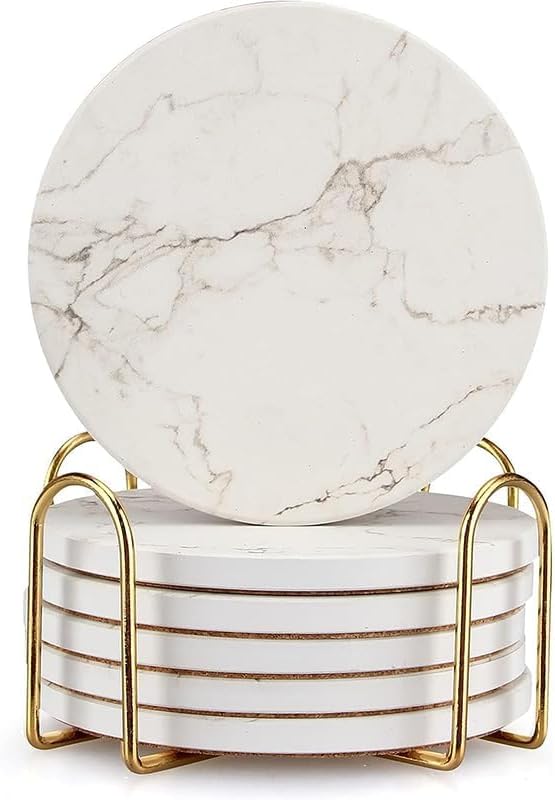 6 Pack White Marble Coaster Set with Holder Absorbent Drink Coasters Ceramic Cute Coaster Bar Dining Coffee Table Accessories Decor Gift Funny Cup Stone Modern Costers Cool Desk Beer Cork Coasters