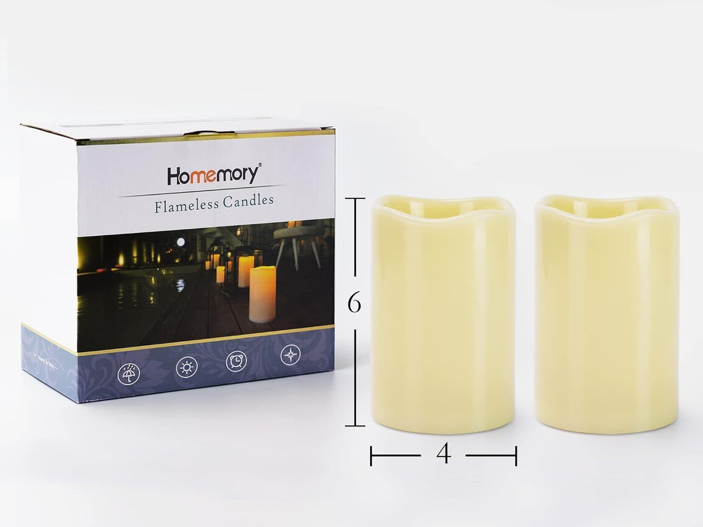 Homemory 4" x 6" Large Waterproof Outdoor Flameless Candles, Battery Operated Flickering LED Pillar Candles with Remote and Timers for Indoor Outdoor Lanterns, Long Lasting, Dark Ivory, Set of 4