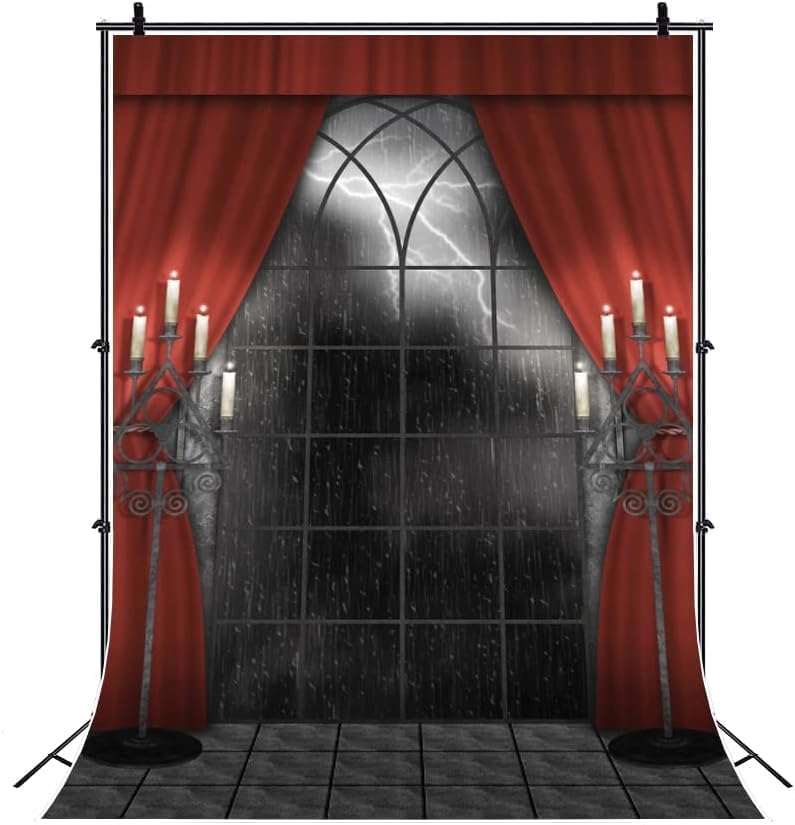 Renaiss 7x10ft Vintage Gothic Window Backdrop Red Curtain Candlestick Black Floor Lightning Stormy Sky Vampire Medieval Castle Photography Background Halloween Dress Up Party Decors Photo Booth Props
