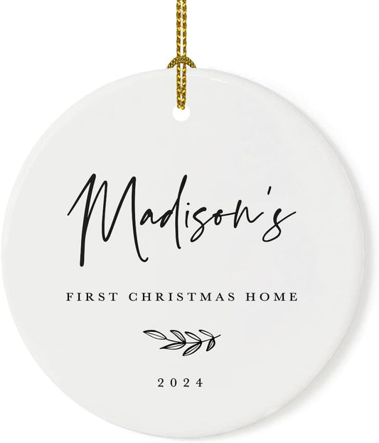 Andaz Press Personalized Adoption Round Ceramic Porcelain Christmas Tree Ornament Keepsake Collectible Gift, Madison's First Christmas Home 2024, Antique Handdrawn, 1-Pack