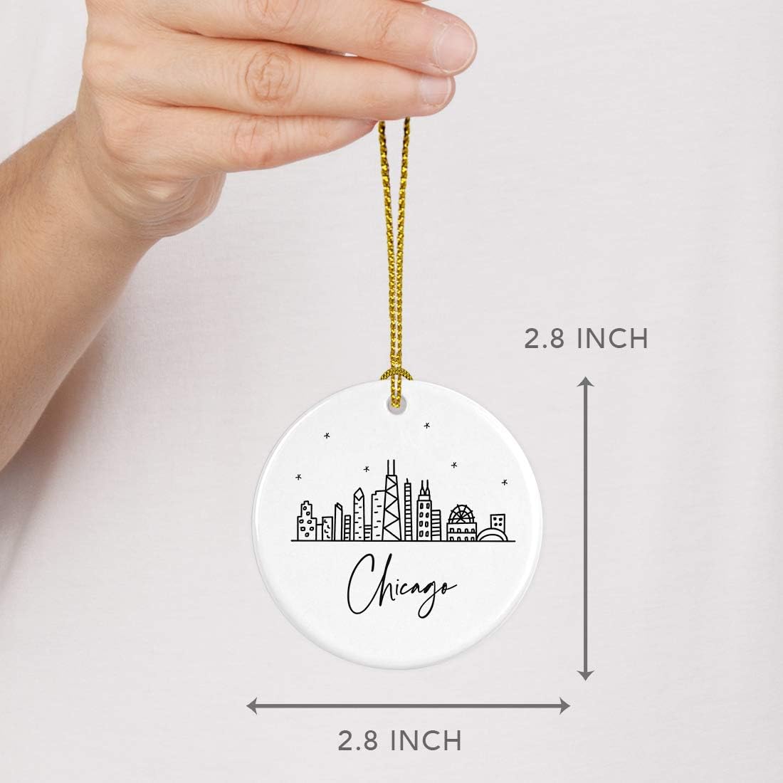 Andaz Press Round Ceramic Porcelain Christmas Tree Ornament Keepsake, Chicago Black and White Stars City Skyline Graphic, 1-Pack, Birthday Gift Idea for Family, Coworker, Him, Her, Includes Gift Box