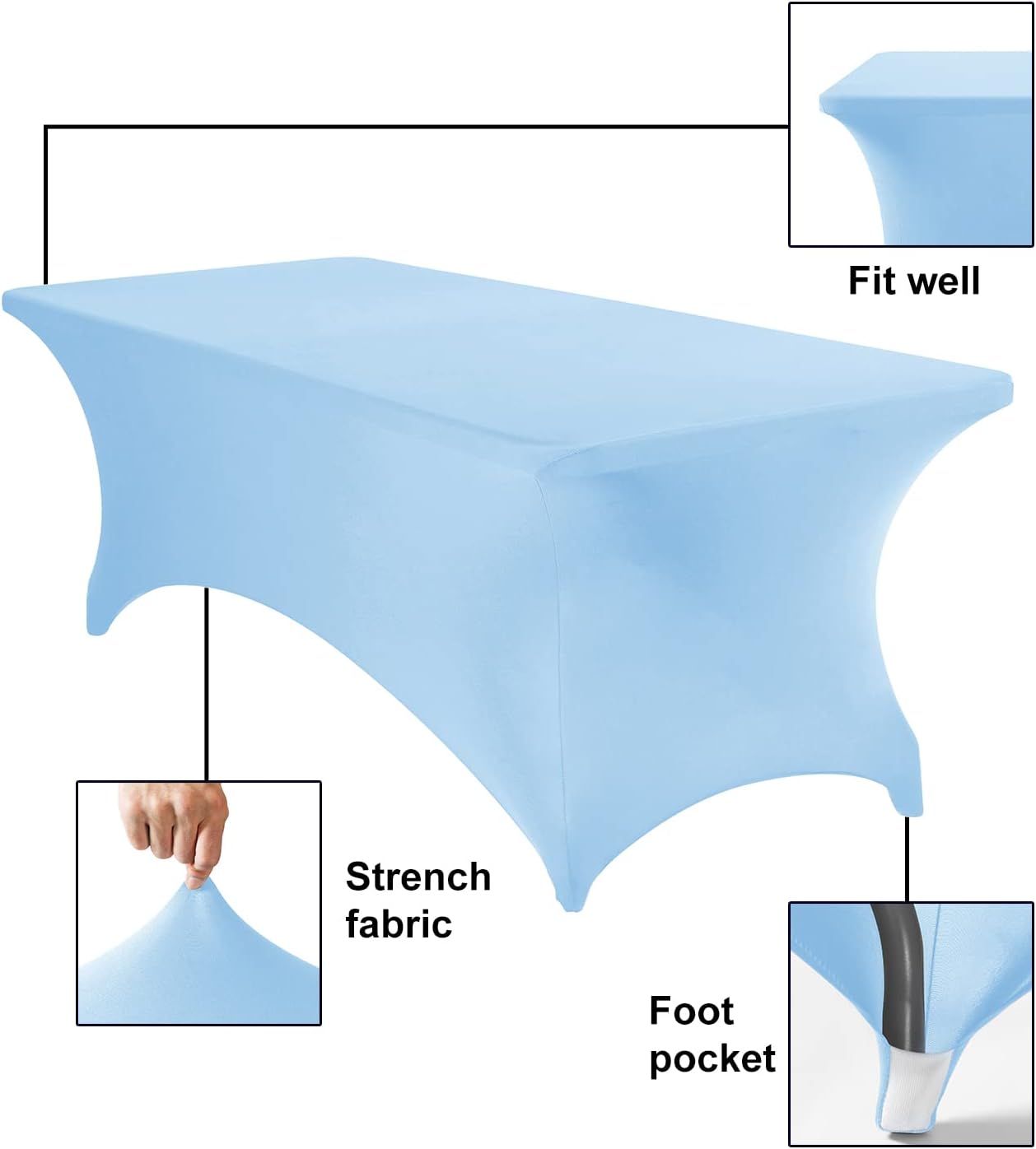 2Pack Spandex Waterproof Table Covers 8ft，Spandex 8ft Waterproof Table Cover for Party,Wedding, Banquet, and Events(Blue Mist)