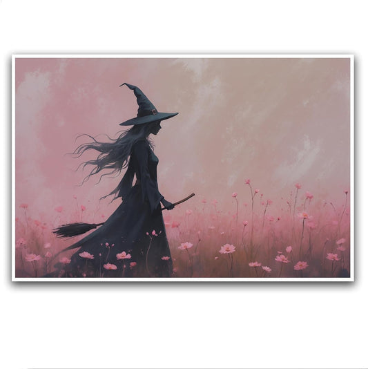 JFHCQJPK Witch in the pink sea of flowers Halloween prints weird flowers wall art silhouette painting fashionable romantic decoration suitable for bedroom28x40in Frameless