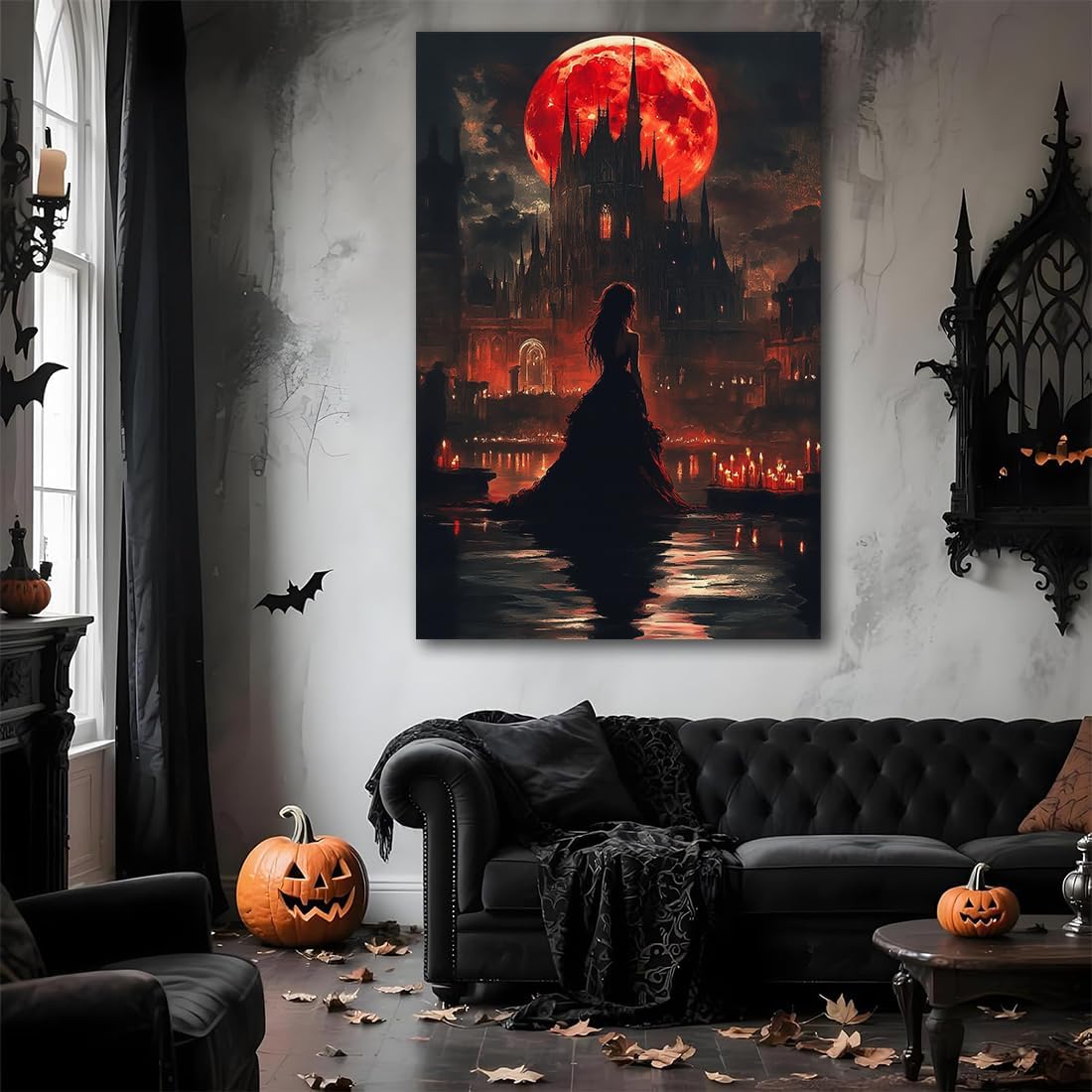 Halloween Witch Poster Canvas Prints Art Vintage Decor,Red Castle Blood Moon and Witch Scene Gothic Painting,Rustic Dark Academia Wall Art for Bathroom Spooky Living Room Wall Decor,16"x24" Framed
