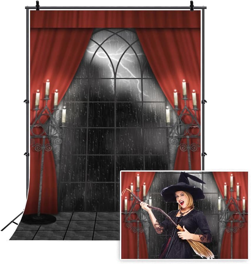Renaiss 10x12ft Vintage Gothic Window Backdrop Red Curtain Candlestick Black Floor Lightning Stormy Sky Vampire Medieval Castle Photography Background Halloween Dress Up Party Decors Photo Booth Props