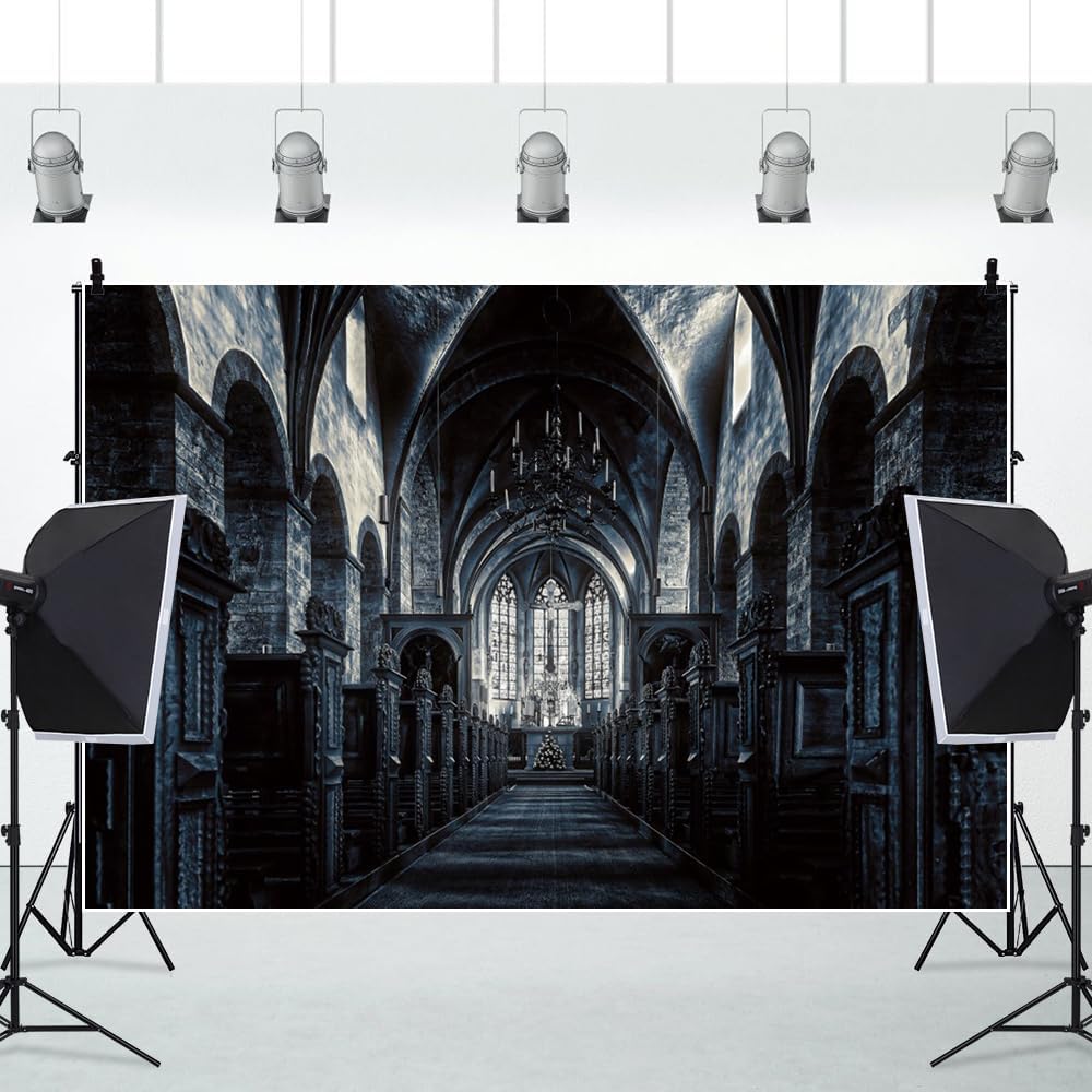 ChloropLastid 10x6.5ft Scary Church Halloween Backdrop Dark Black Horror Gothic Medieval Castle Interior Photography Background Halloween Night Carnival Theme Party Decor Banner Photo Studio Props