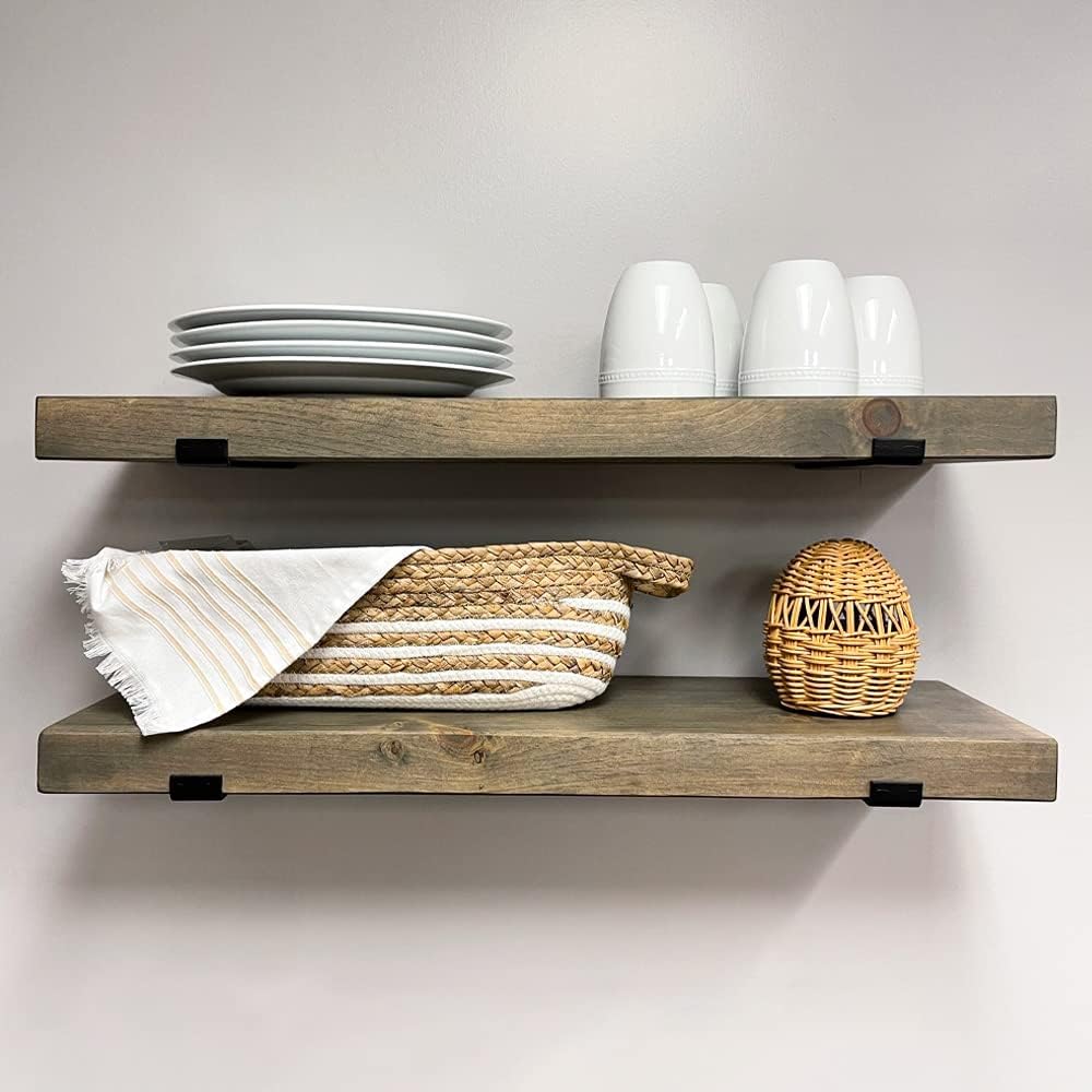 Rustic Shelves with J-Brackets Set of 2, Industrial Shelf, Kitchen Shelves, Solid Wood, Decorative Wall Storage, Heavy Duty, URBANDI (Grey, 12Wx10D)