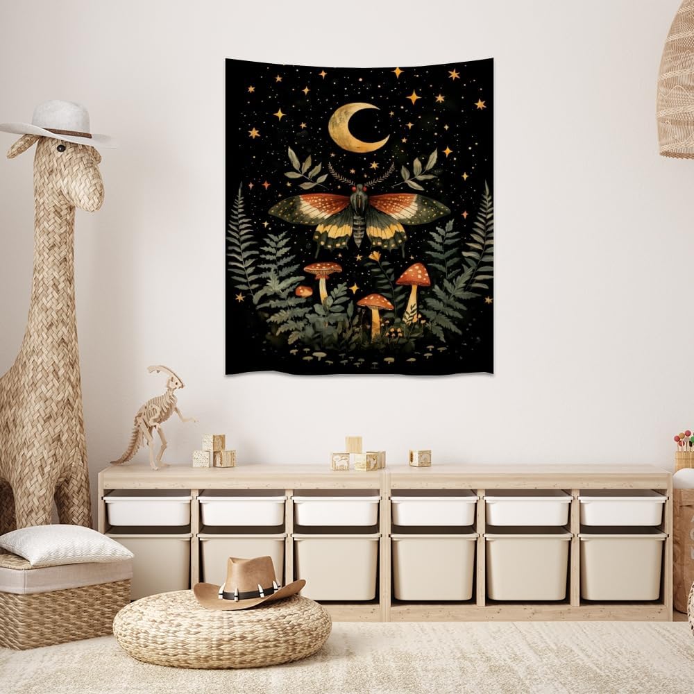 Mystical Moth Mushroom Tapestry Dark Academia Aesthetic Wall Hanging Decor Moon Star Witchy Print Butterfly Enchanted Forest Tapestries for Home Bedroom Living Room Office Decor 70x90inch