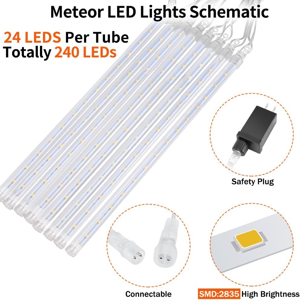 【2 Pack】 Christmas Lights Meteor Shower Rain Lights 12inch, Totally 20 Tube 480 LEDs Icicle Lights Outdoor Raindrop Lights for Xmas Halloween Wedding Party Tree Holiday Decoration, White