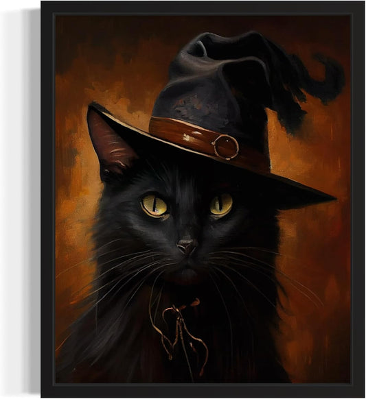 Witch Cat Poster Art Print, Halloween Scary Vintage Wall Art Academia Spooky Painting Decoration for Horror Prints, Gothic Posters Bedroom Decor 89 (Witch Cat, 11 x 14 inches, Unframed)