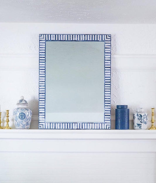 Hansa Industries Bone Inlay Wall Mounting Mirror Bar Harbor Blue Striped Waterfall Pattern Decorative Aesthetic Mirror with Wooden Frame for Home Centerpiece Décor Item (19 x 14 in)