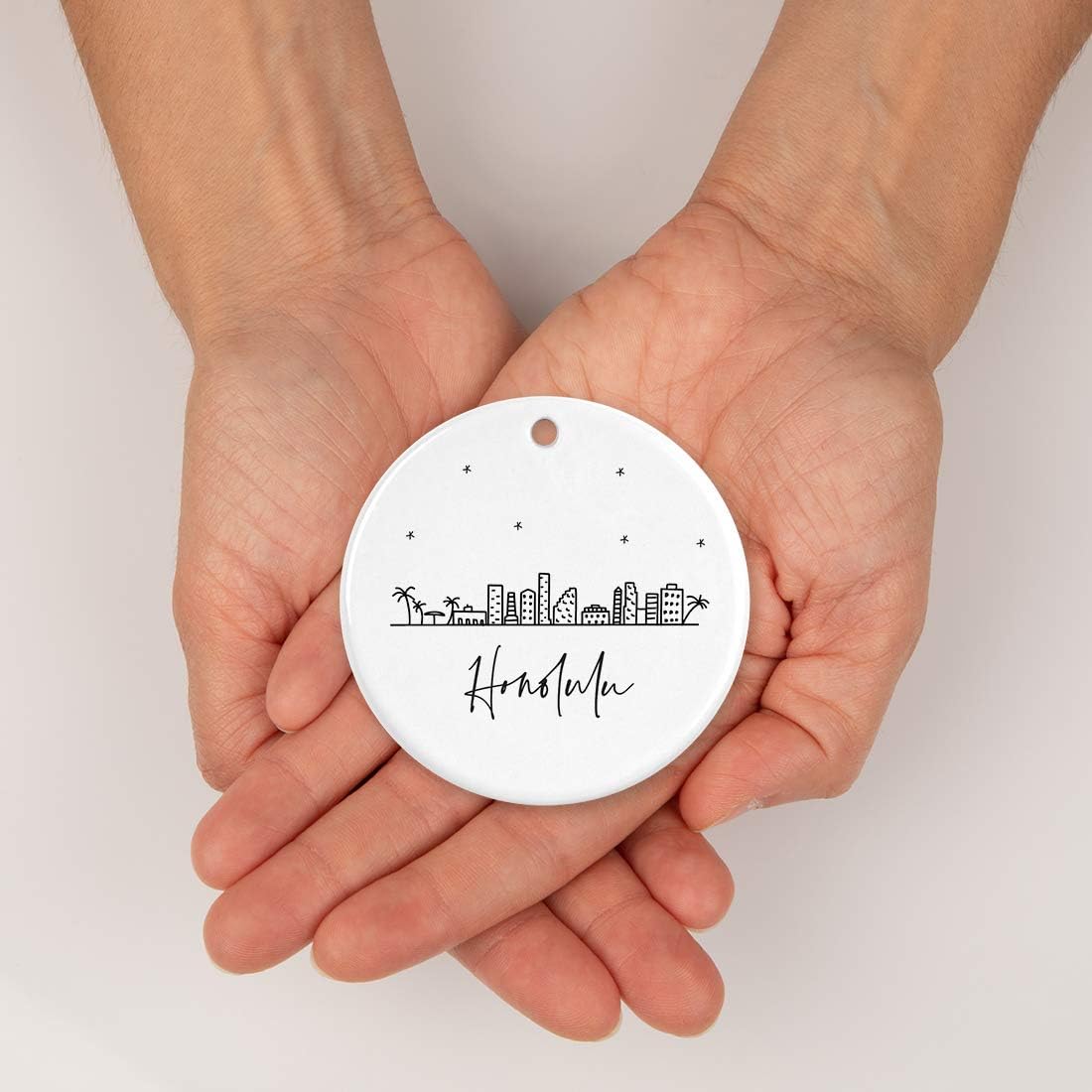 Andaz Press Round Ceramic Porcelain Christmas Tree Ornament Keepsake, Honolulu Black and White Stars City Skyline Graphic, 1-Pack, Birthday Gift Idea for Family, Coworker, Him, Her, Includes Gift Box