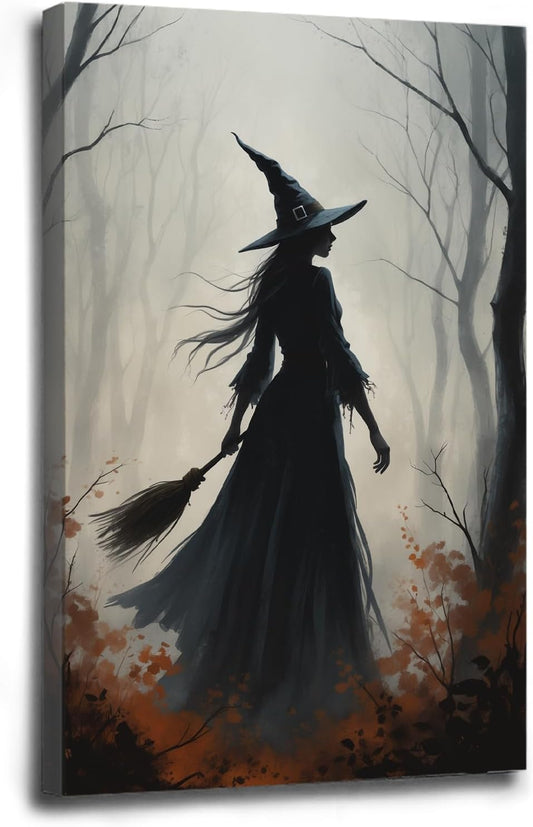 Vintage forest witch silhouette poster Halloween mural poster decoration mural art magic suitable for home living room bedroom8x12in Wood Framed