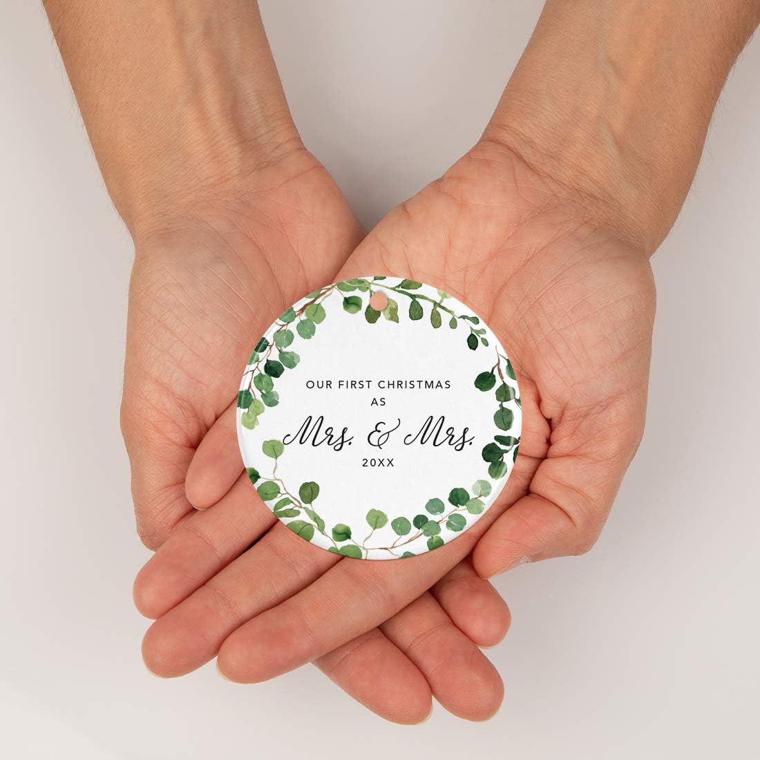 Andaz Press Custom Year Round Ceramic Porcelain Christmas Tree Ornament Keepsake Collectible Gift, Our First Christmas as Mrs. & Mrs. 2025, Farmhouse Eucalyptus Wreath, 1-PackLesbian Couple