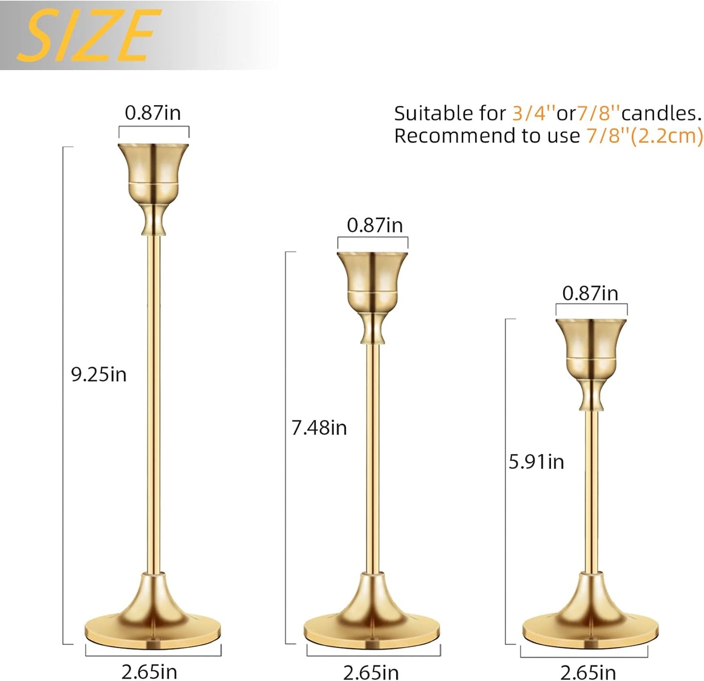 Vintage Gold Brass Taper Candle Holders for Candlesticks, Fireplace & Party - Set of 3