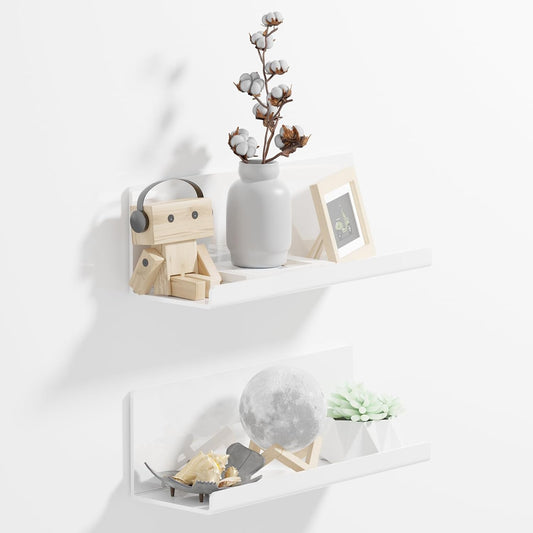 Acrylic Wall Floating Shelves Set of 2, Wall Shelves White 12 Inch Adhesive Wall Organizer Adhesive Shelf for Bathroom, Kitchen, Bedroom, Office, Gaming Room, No Damage, No Drill