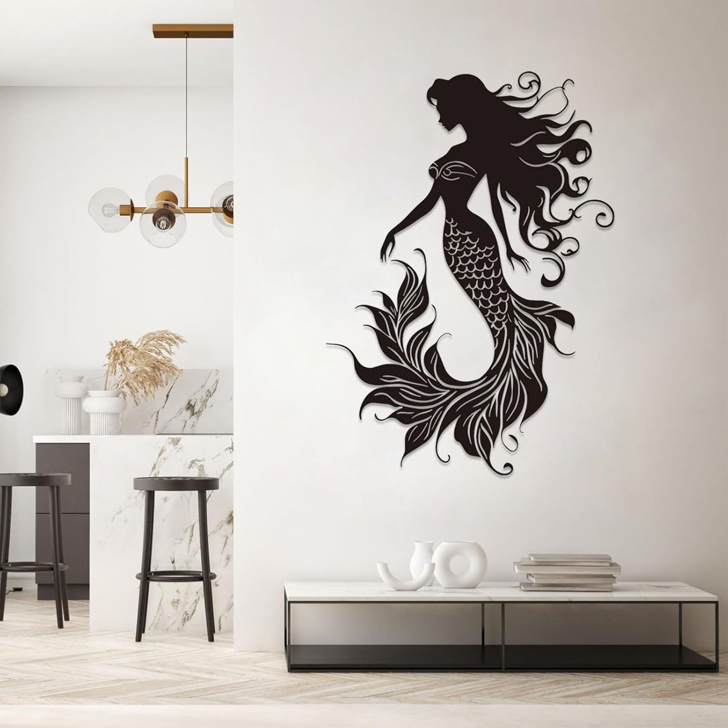 Veplsur Mermaid Metal Wall Art, Metal Mermaid Wall Decor, Marine Biology Wall Decor, Ocean Wall Art, Nautical Wall Hanging, Beach Hanging for Bathroom Bedroom (Gold, 48"x34"|121x86cm)