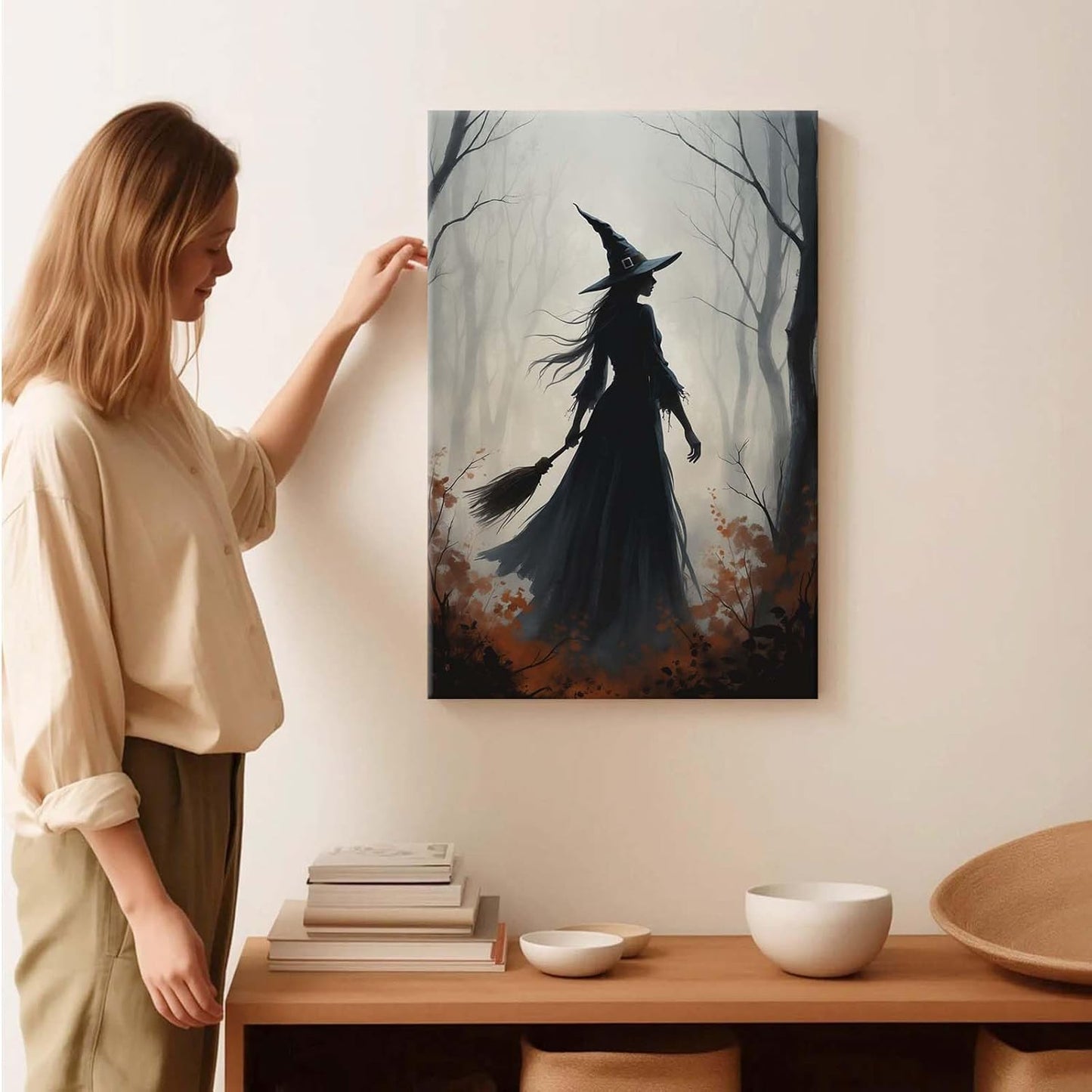 JFHCQJPK Vintage forest witch silhouette poster Halloween mural poster decoration mural art magic suitable for home living room bedroom12x16in Frameless
