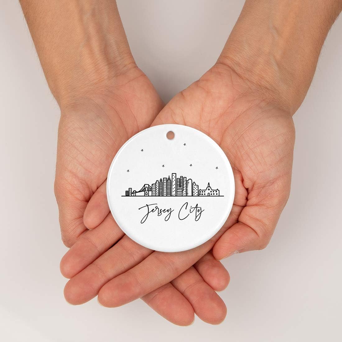 Andaz Press Round Ceramic Porcelain Christmas Tree Ornament Keepsake Gift, Jersey City, Black and White Stars City Skyline Graphic, 1-Pack, Birthday Ideas Family Coworker Him Her, Includes Gift Box