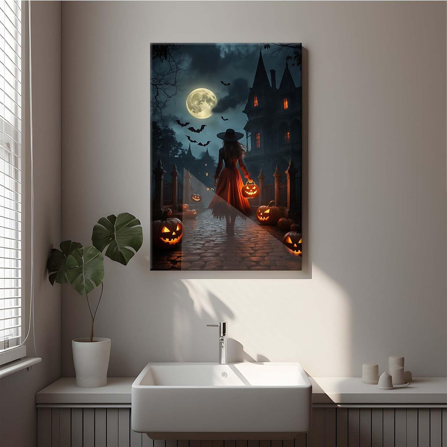 JFHCQJPK Halloween theme poster moonlit autumn night witch vintage poster art print dark college style gothic painting canvas wall decoration bedroom living room ideal gift20x30in Frameless