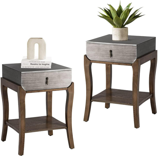 COSIEST Set of 2 Rustic Nightstand, 2-Tier Farmhouse Bedside Table, Wood Accent End Table with Storage Drawer and Open Display Shelf for Bedroom Nursery Living Room (Walnut & Silver)