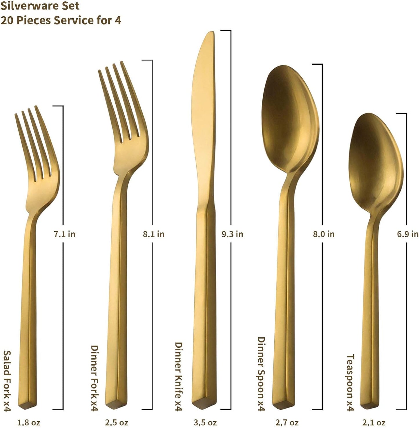 Alata Cube Gold 45-Piece Flatware Set, Forged Cutlery Set, Matte Gold Silverware Service for 8, Stainless Steel Tableware with Square Handle for Home/Restaurant, Dishwasher Safe