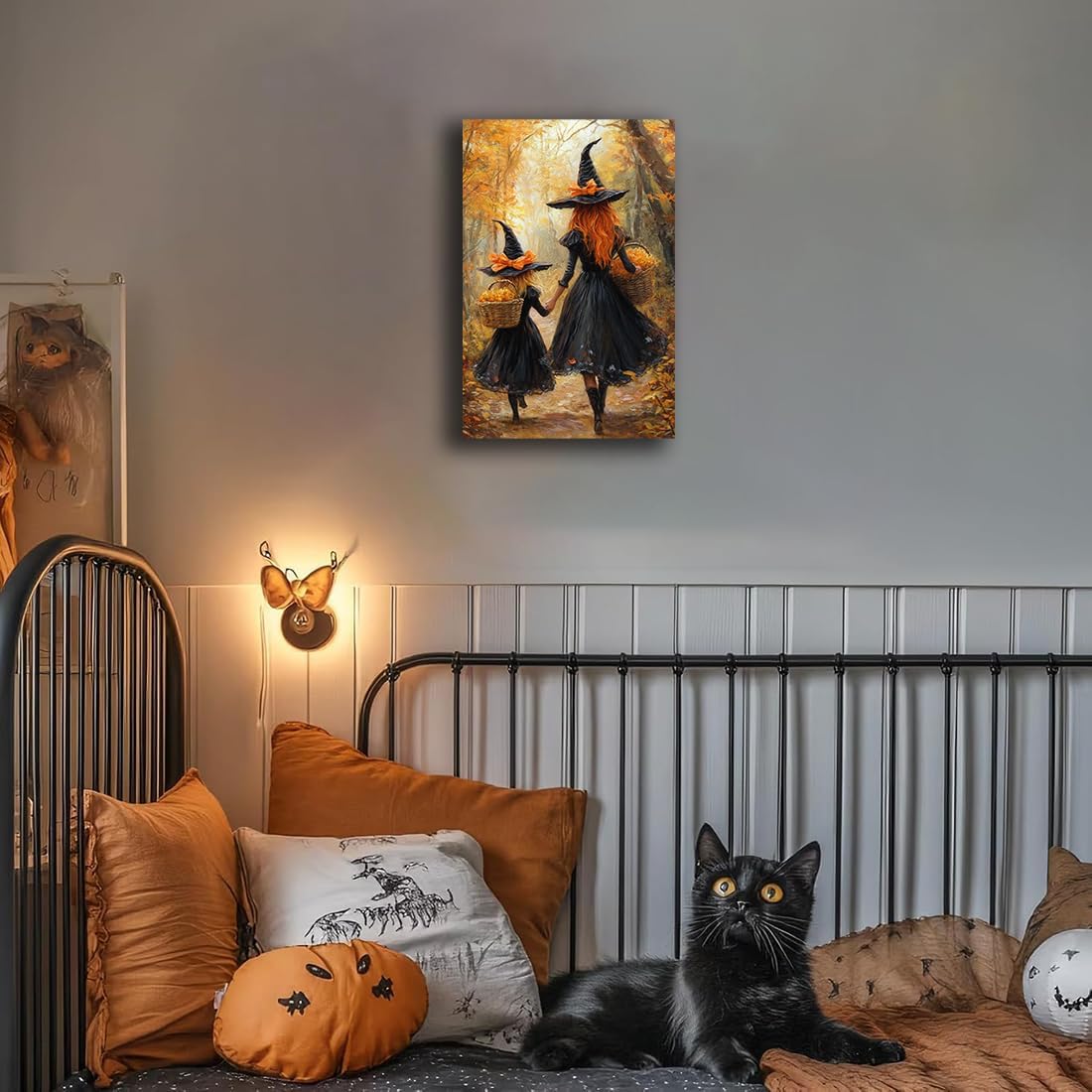 Mother Witch And Child Daughter Witch Wall Art,Halloween Autumn Woodland Forest Path Picture,Family Room Nursery Playroom Kids Room Decor,12"x18" Framed