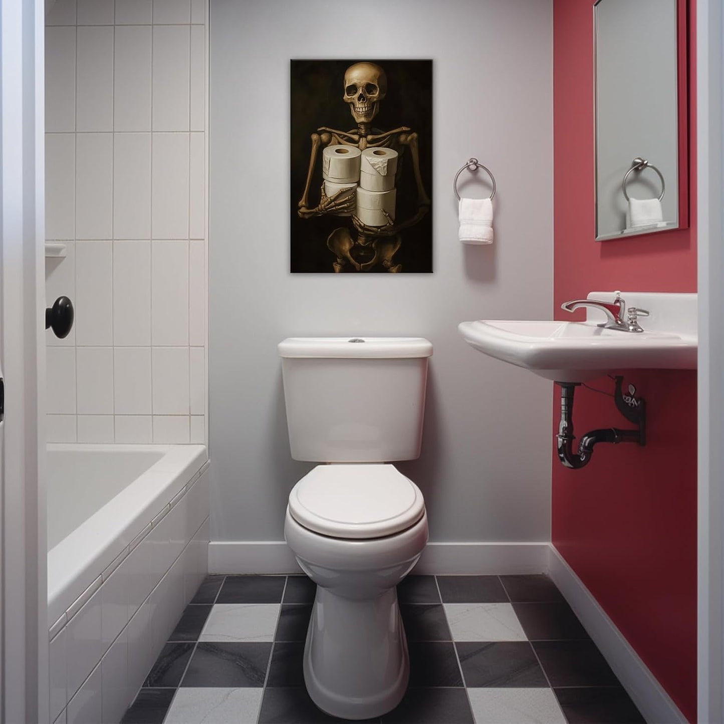 Gothic Skull Wall Art Funny Skeleton with Toilet Paper Canvas Print Vintage Skull Painting Framed Artwork for Living Room Home Halloween Wall Decor(Artwork-8,16"x24")